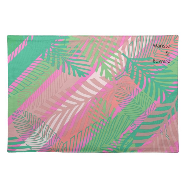 Palm Leaves Stripes colorful Monogrammed Cloth Placemat (Front)