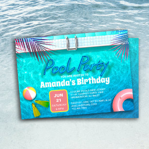 Palm Leaves & Summer Pool Party Kids Birthday Invitation