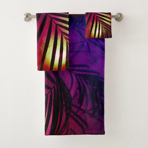 Palm leaves sunset modern tropical bath towel set