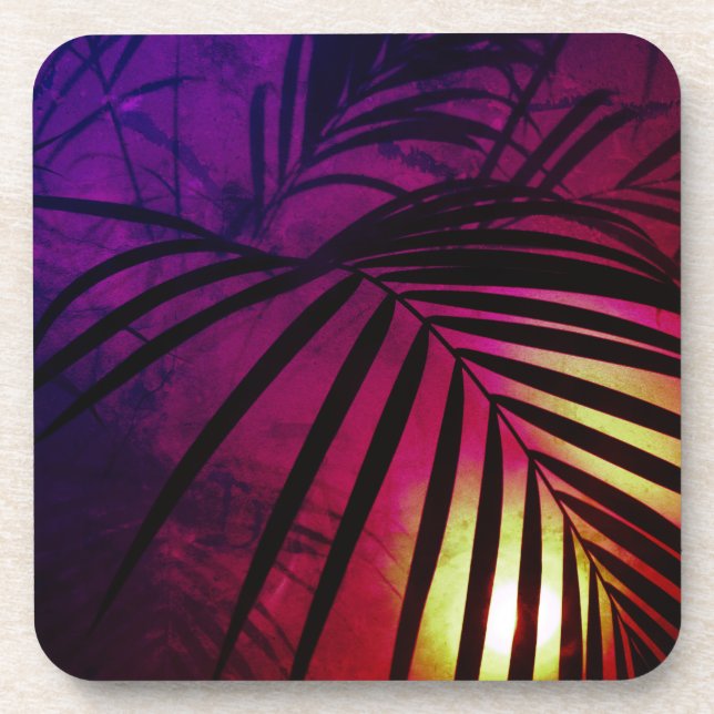 Palm leaves sunset modern tropical  beverage coaster (Front)