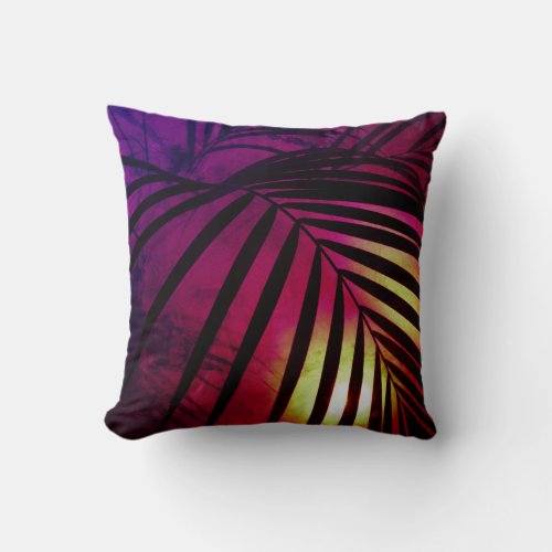 Palm leaves sunset modern tropical purple black throw pillow