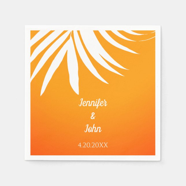Palm Leaves Sunset Orange Cool Tropical Wedding Napkins (Front)