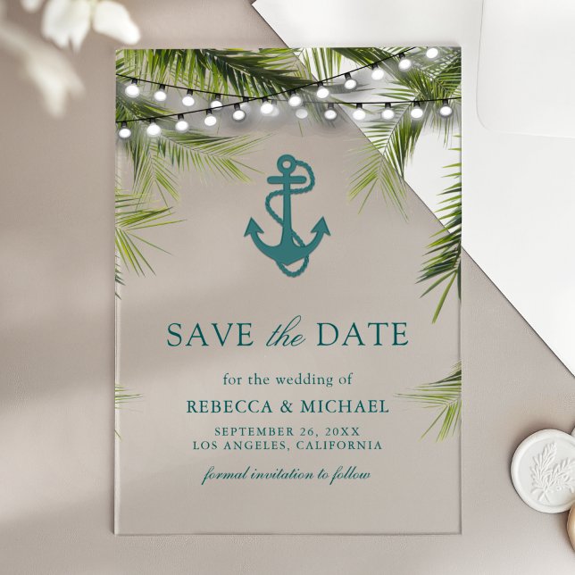 Palm Leaves Teal Anchor Wedding Save the Date (Creator Uploaded)