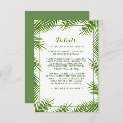 Palm Leaves Tropical Beach Wedding Detail Enclosure Card