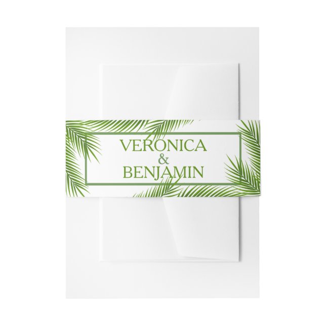 Palm Leaves Tropical Beach Wedding Invitation Belly Band (Front Example)