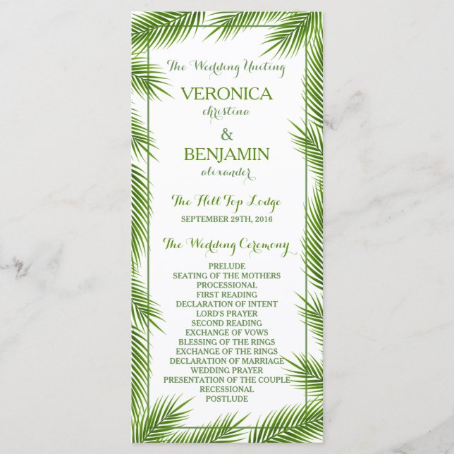 Palm Leaves Tropical Beach Wedding Program (Front)