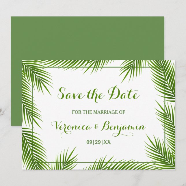 Palm Leaves Tropical Beach Wedding Save The Date (Front/Back)