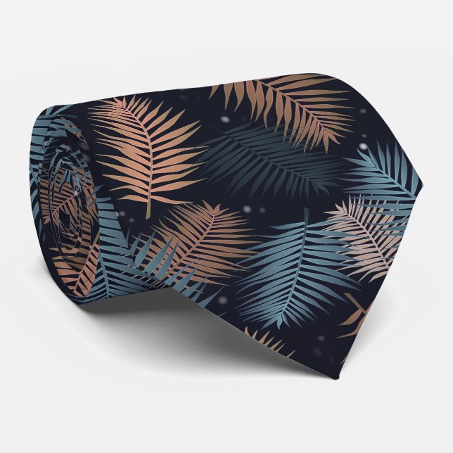 Palm leaves tropical dark design neck tie (Rolled)