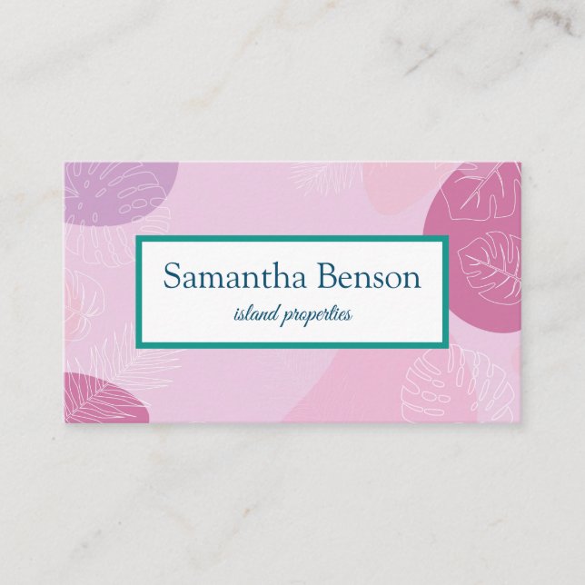 Palm Leaves Tropical Island Green & White Square B Business Card (Front)