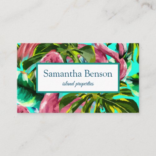 Palm Leaves Tropical Island Green  White Square B Business Card