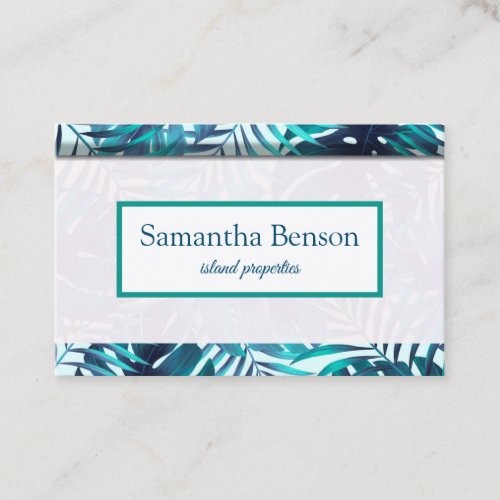 Palm Leaves Tropical Island Green  White Square B Business Card