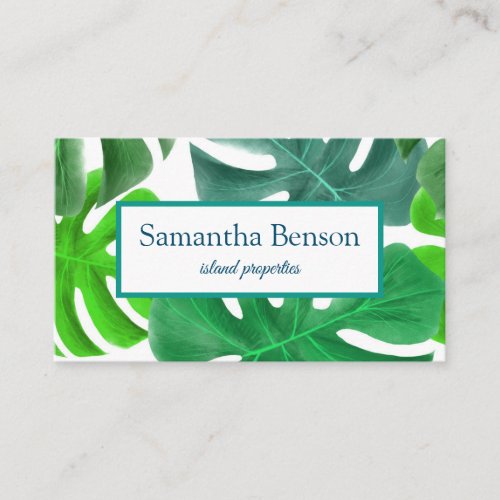 Palm Leaves Tropical Island Green  White Square B Business Card