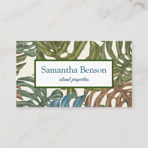 Palm Leaves Tropical Island Green  White Square B Business Card