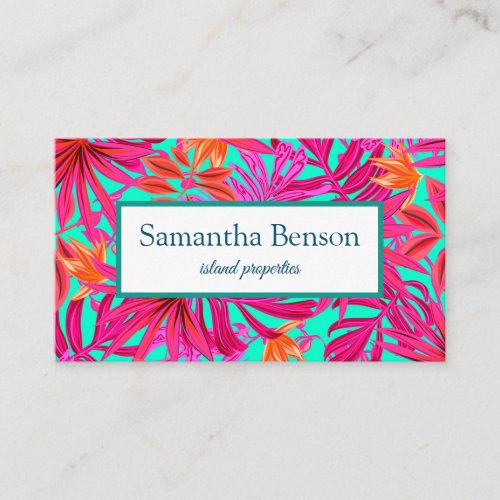 Palm Leaves Tropical Island Green  White Square B Business Card