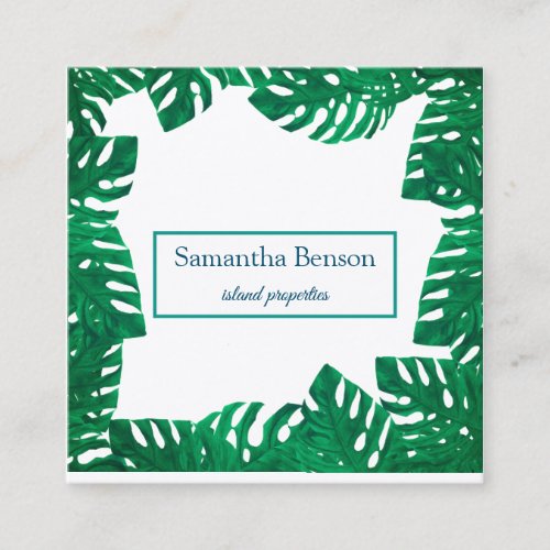 Palm Leaves Tropical Island Green  White Square B Square Business Card