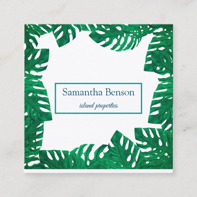 Palm Leaves Tropical Island Green & White Square B Square Business Card (Front)