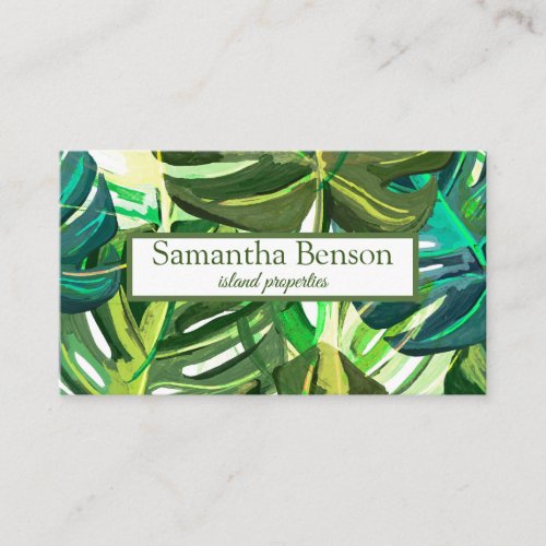 Palm Leaves Tropical Island Green  White Square Business Card