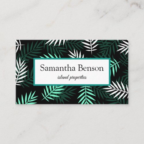 Palm Leaves Tropical Island Green  White Square Business Card