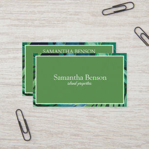 Palm Leaves Tropical Island Green & White Square Business Card