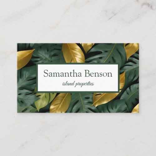 Palm Leaves Tropical Island Green  White Square Business Card