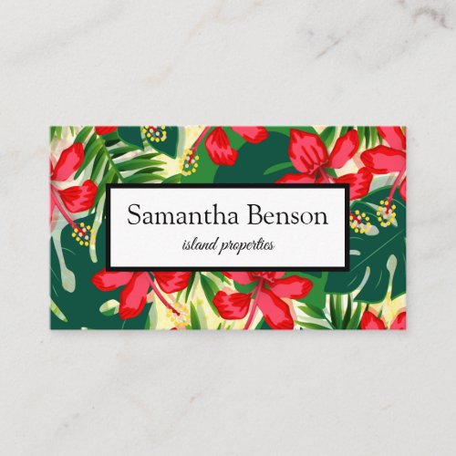 Palm Leaves Tropical Island Green  White Square Business Card