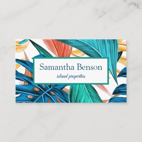 Palm Leaves Tropical Island Green  White Square Business Card