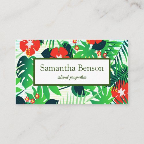 Palm Leaves Tropical Island Green  White Square Business Card