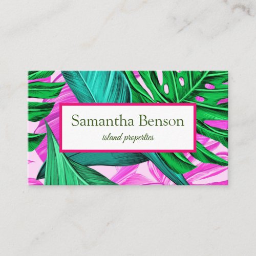 Palm Leaves Tropical Island Green  White Square Business Card