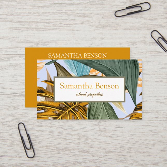 Palm Leaves Tropical Island Green & White Square Business Card (Front/Back In Situ)