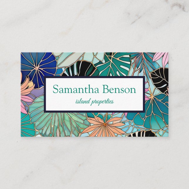 Palm Leaves Tropical Island Green & White Square Business Card (Front)