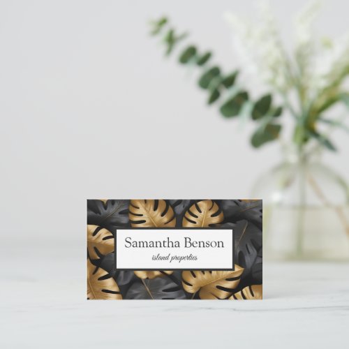 Palm Leaves Tropical Island Green  White Square Business Card