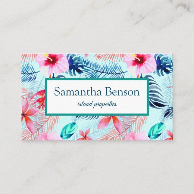 Palm Leaves Tropical Island Green & White Square Business Card (Front)