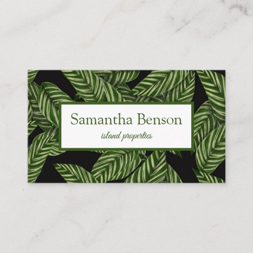 Palm Leaves Tropical Island Green  White Square Business Card