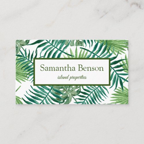 Palm Leaves Tropical Island Green  White Square Business Card