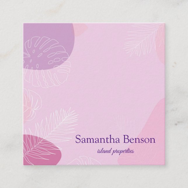 Palm Leaves Tropical Island Green & White Square S Business Card (Front)