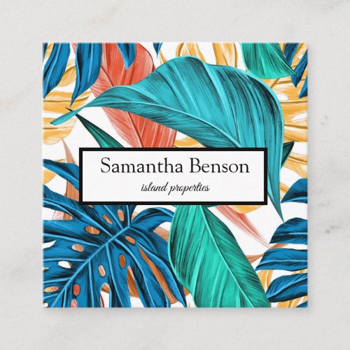 Palm Leaves Tropical Island Green  White Square Square Business Card