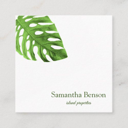 Palm Leaves Tropical Island Green  White Square Square Business Card