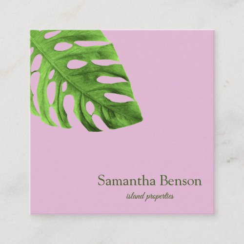 Palm Leaves Tropical Island Green  White Square Square Business Card