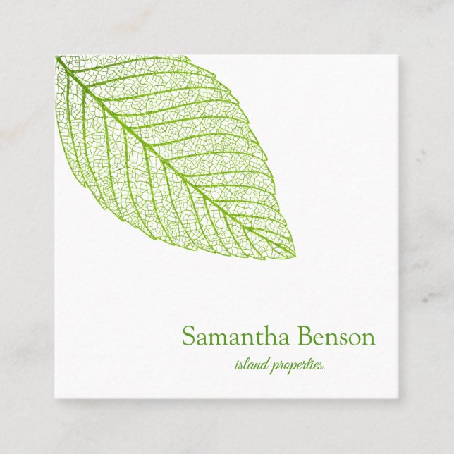Palm Leaves Tropical Island Green & White Square Square Business Card (Front)