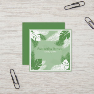 Palm Leaves Tropical Island Green & White Square Square Business Card