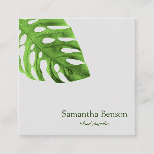 Palm Leaves Tropical Island Green  White Square Square Business Card