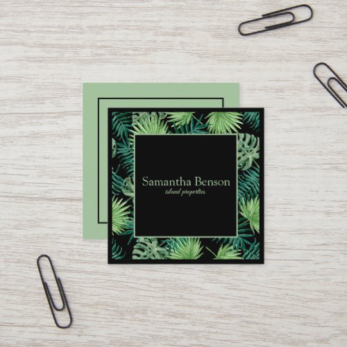 Palm Leaves Tropical Island Green  White Square Square Business Card