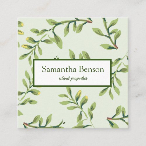 Palm Leaves Tropical Island Green  White Square Square Business Card