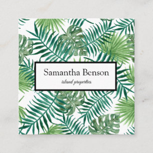 Palm Leaves Tropical Island Green & White Square Square Business Card