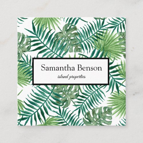 Palm Leaves Tropical Island Green  White Square Square Business Card