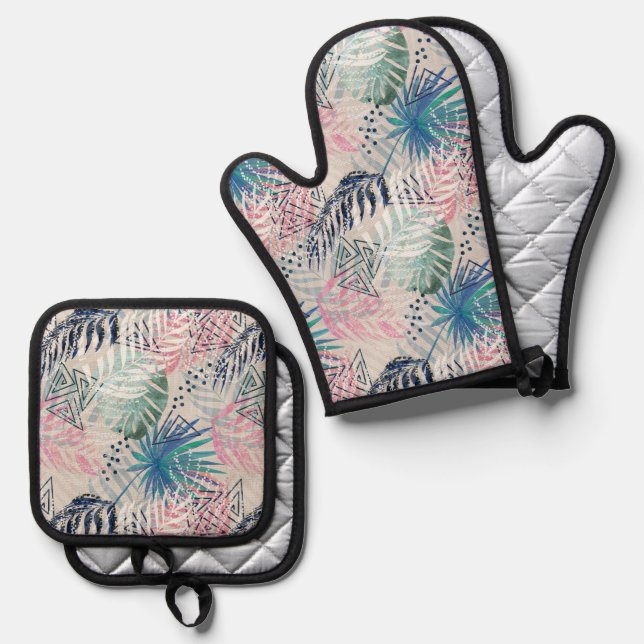 Palm leaves, tropical oven mitt & pot holder set (Front/Back)