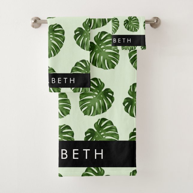 Palm Leaves, Tropical Pattern, Your Name Bath Towel Set (Insitu)