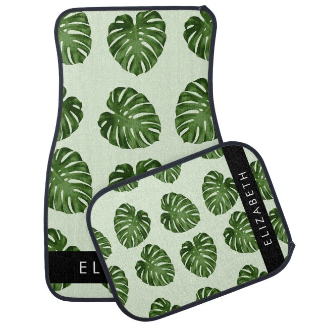 Palm Leaves, Tropical Pattern, Your Name Car Floor Mat (Set)