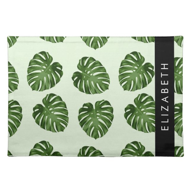 Palm Leaves, Tropical Pattern, Your Name Cloth Placemat (Front)