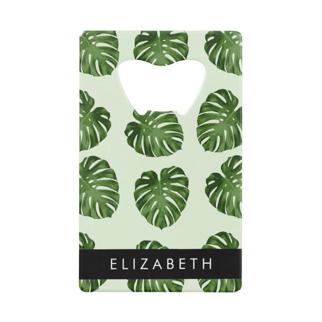 Palm Leaves, Tropical Pattern, Your Name Credit Card Bottle Opener (Front)